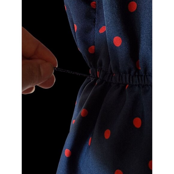 Vtg Navy Blue Dress With Red Polka Dots Button Front Short Sleeves - Picture 4 of 15